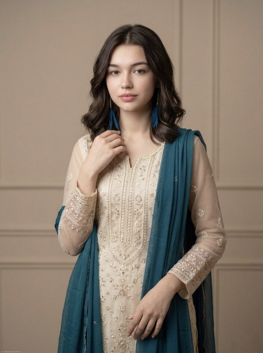 { "image_generation": { "subject": { "description": "年轻女性身着优雅的传统服饰", "pose": "站立,双臂轻轻交叉"…
