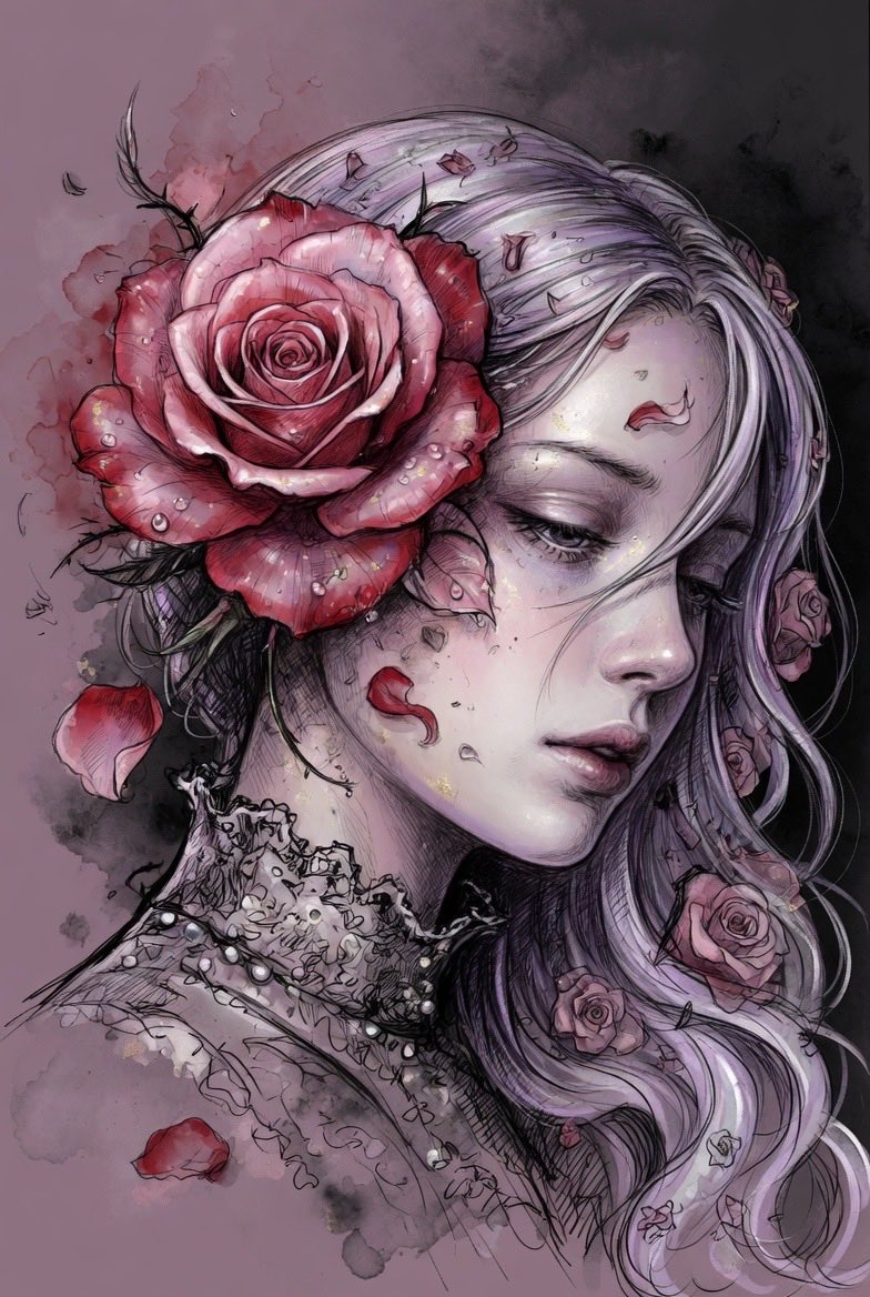 Grok Imagine Prompt Share: 一位令人惊叹的空灵女性,四分之三侧面,头部轻轻向下倾斜,带着忧郁而宁静的表情,眼睛轻轻闭合,苍白的瓷质皮肤上有微妙的金色闪光…