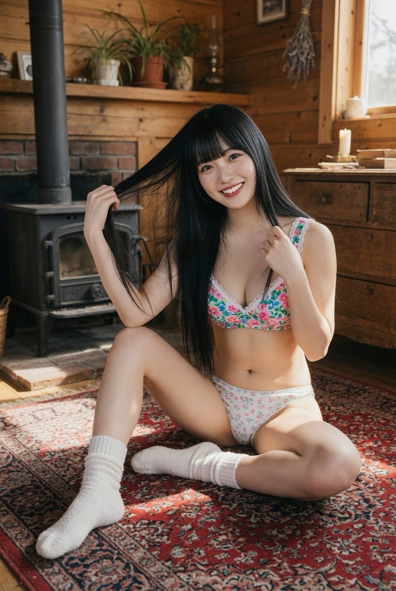 超写实全身照片:一位美丽的日本年轻模特女性,二十出头,俏皮地坐在一间温馨质朴的木屋中一块红色花纹的大波斯地毯上。她有一头乌黑顺滑的长发配齐整的刘海,一双带有逼真反光的大而富有表现…