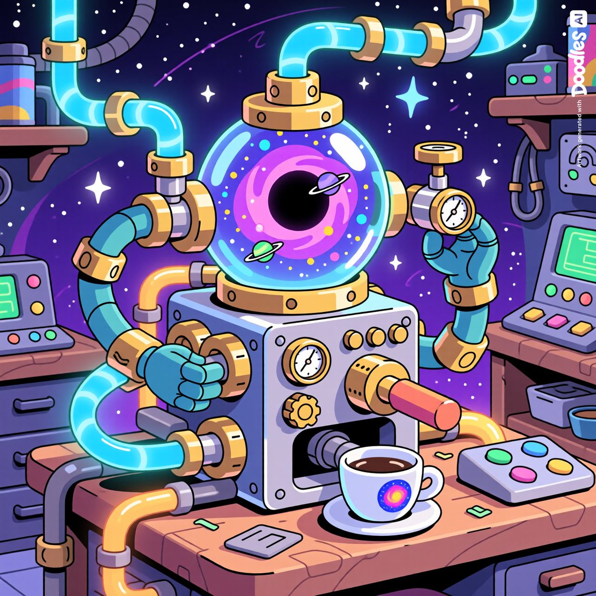 试玩 Doodles AI 比赛。@doodles 如果黑洞能冲咖啡会怎样？☕🌌 将宇宙的混沌变成完美的一杯。 这是我的提示词 一台荒诞的机械发明——黑洞咖啡机，透明腔体中封装着…