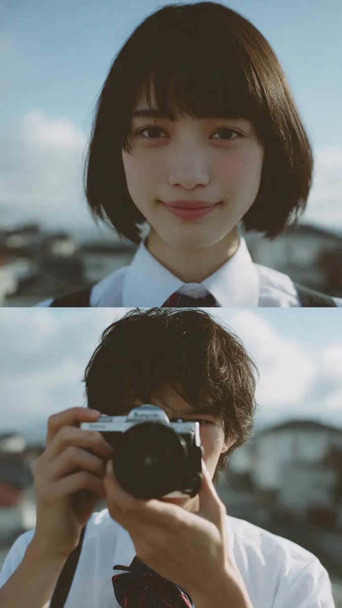 电影感双联画构图,少年男女身着日本校服站在屋顶。上方画面:短发齐刘海的女孩特写肖像,自然柔和的微笑,看向镜头,叠加细微的相机对焦框。下方画面:手持单反相机的男生特写,透过取景器观…