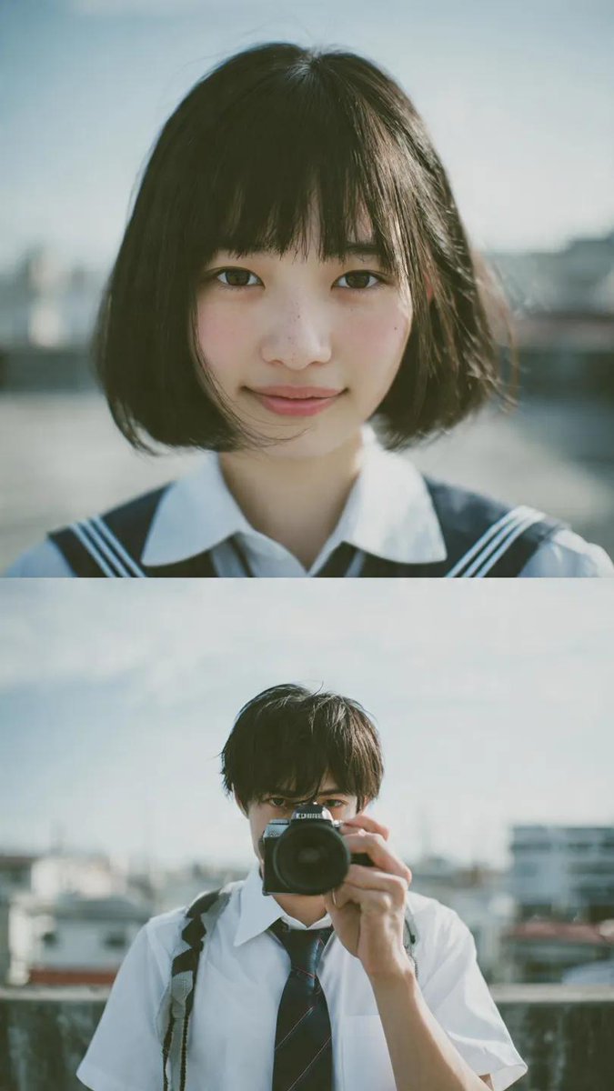 电影感双联画构图,少年男女身着日本校服站在屋顶。上方画面:短发齐刘海的女孩特写肖像,自然柔和的微笑,看向镜头,叠加细微的相机对焦框。下方画面:手持单反相机的男生特写,透过取景器观…