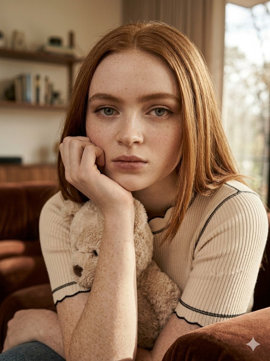 "Uma fotografia editorial de moda em estilo fotorrealista apresenta Sadie Sink em um ambi…