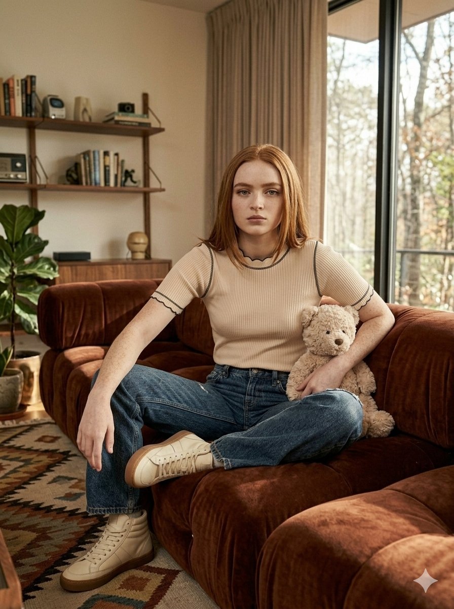 "Uma fotografia editorial de moda em estilo fotorrealista apresenta Sadie Sink em um ambi…