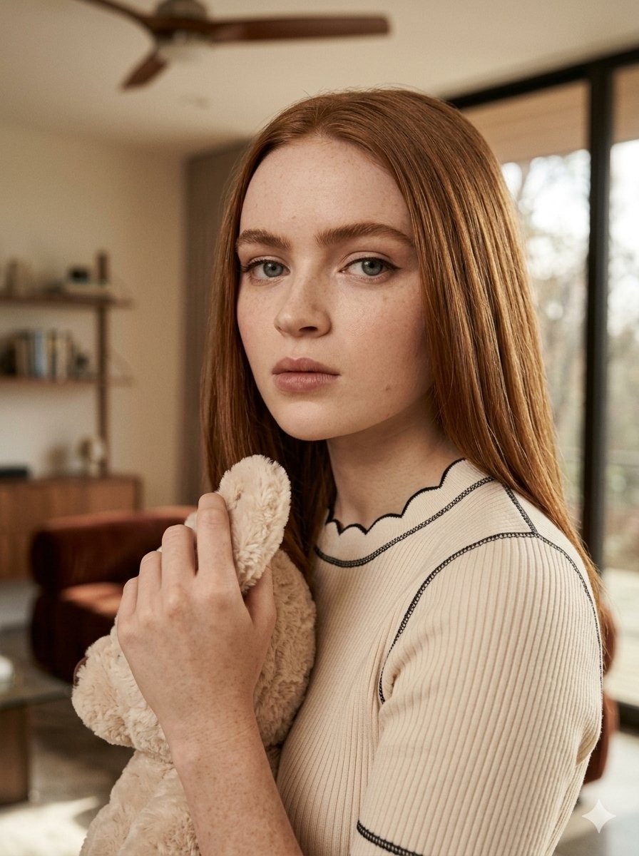 "Uma fotografia editorial de moda em estilo fotorrealista apresenta Sadie Sink em um ambi…