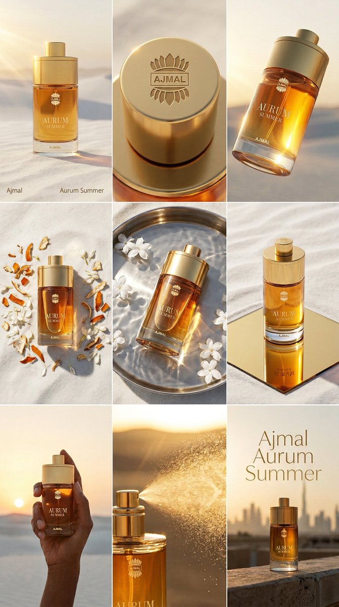 无缝衔接的15秒奢华香水广告片,Aurum Summer EDP(淡香精)。请勿展示分镜表——仅将场景作为参考。场景1(0–3秒):电影感慢速推进镜头,聚焦金色Aurum Sum…