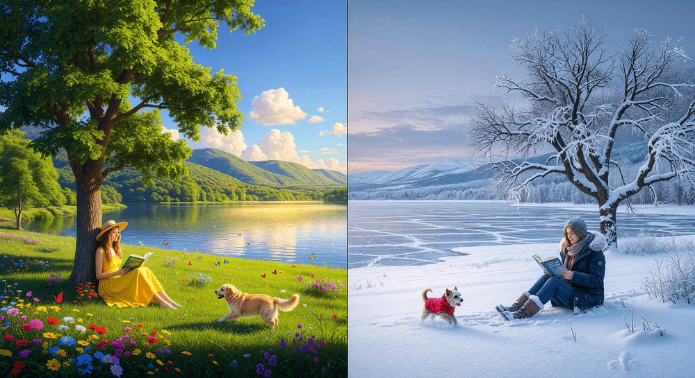 Grok Imagine Image Pro 提示词分享。 𝗧𝘄𝗼 𝗦𝗲𝗮𝘀𝗼𝗻𝘀 𝗶𝗻 𝗢𝗻𝗲 𝗙𝗿𝗮𝗺𝗲（一帧之中，两个季节） 一张构图完美的风景摄影作品…