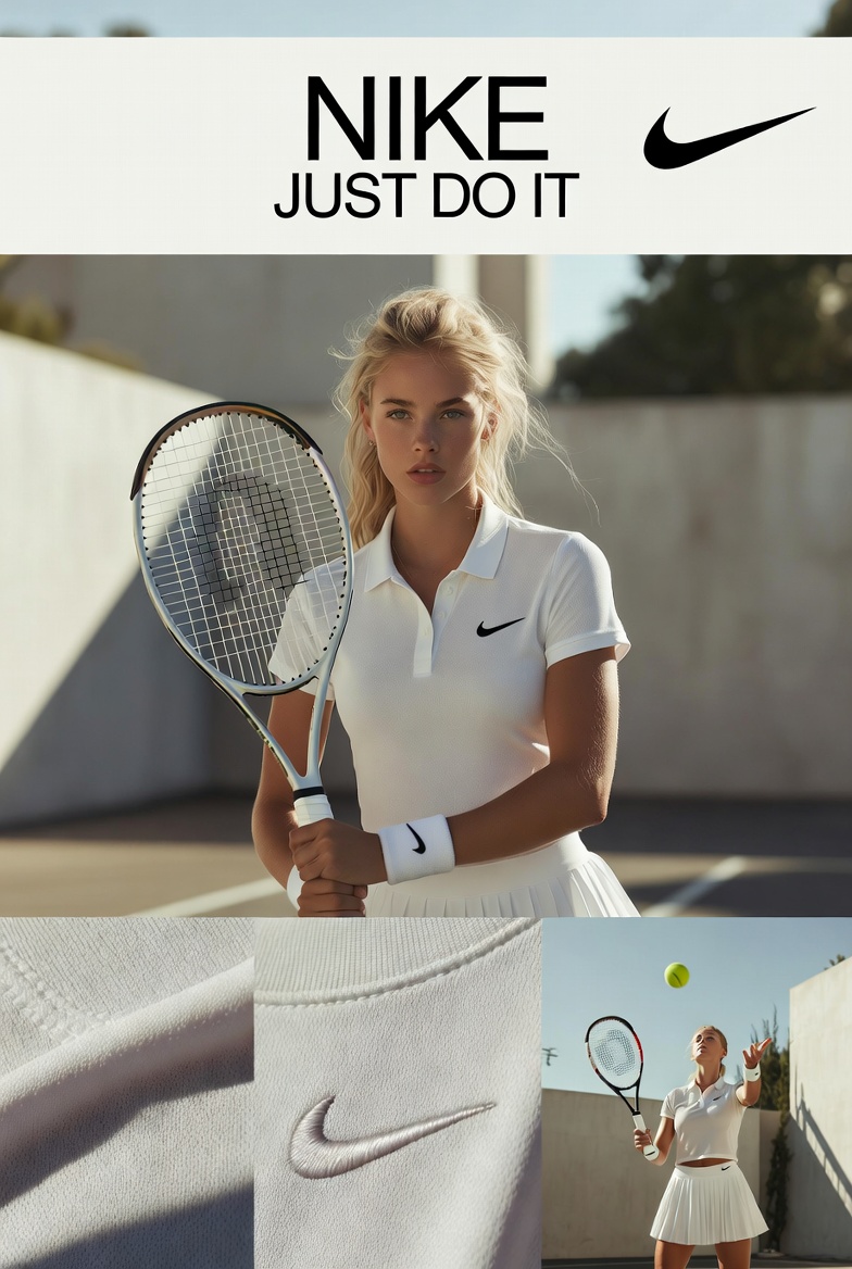 为 Nike 创建一个 3:4 比例的高端网球时尚广告,采用多格编辑网格布局,包含 3 行 2 列,以及一个顶部横幅。使用细白色分隔线和干净、杂志风格的对齐方…