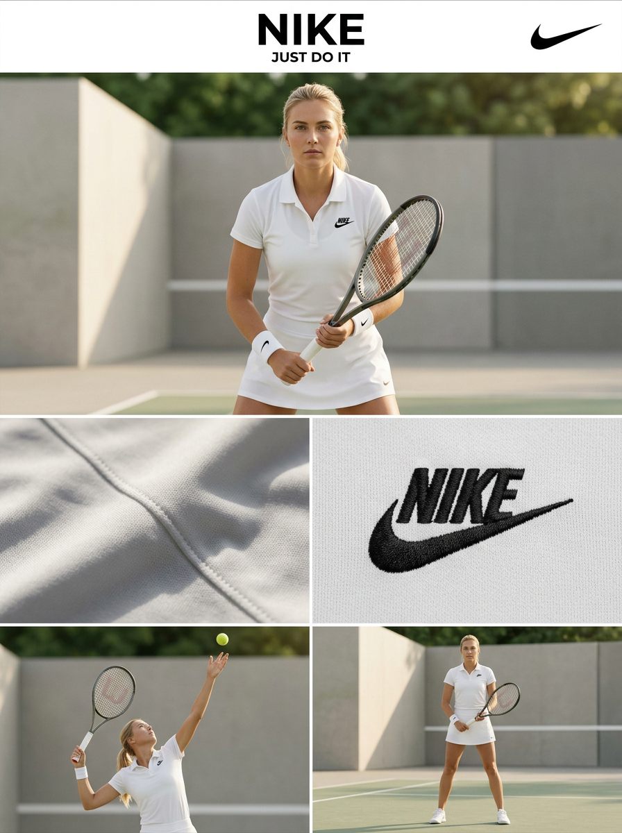 为 Nike 创建一个 3:4 比例的高端网球时尚广告,采用多格编辑网格布局,包含 3 行 2 列,以及一个顶部横幅。使用细白色分隔线和干净、杂志风格的对齐方式。 在顶部,放置一…