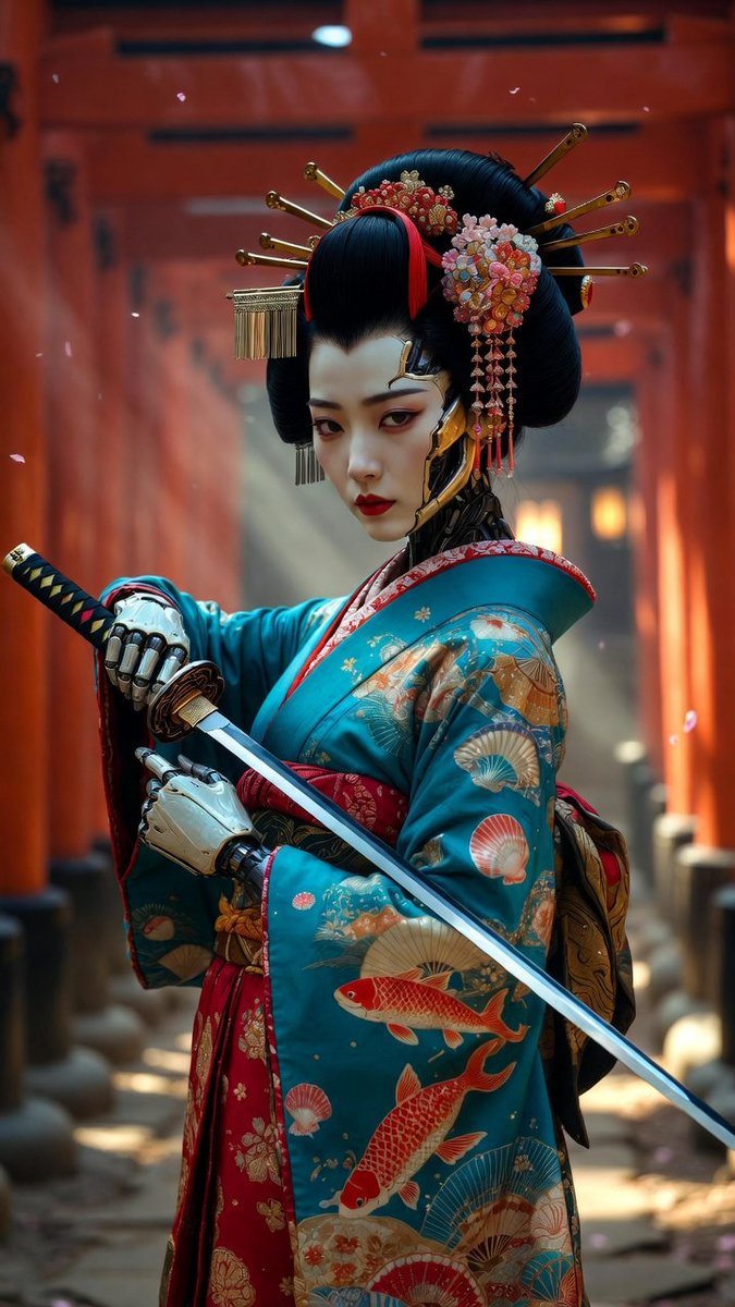 ✨ 提示分享：艺伎武士肖像 尝试此提示，创造独特的作品，并分享你的版本 ⭐️ 一张照片级真实的电影剧照，画面中是一位女武者（onna-musha）艺伎武士，呈…