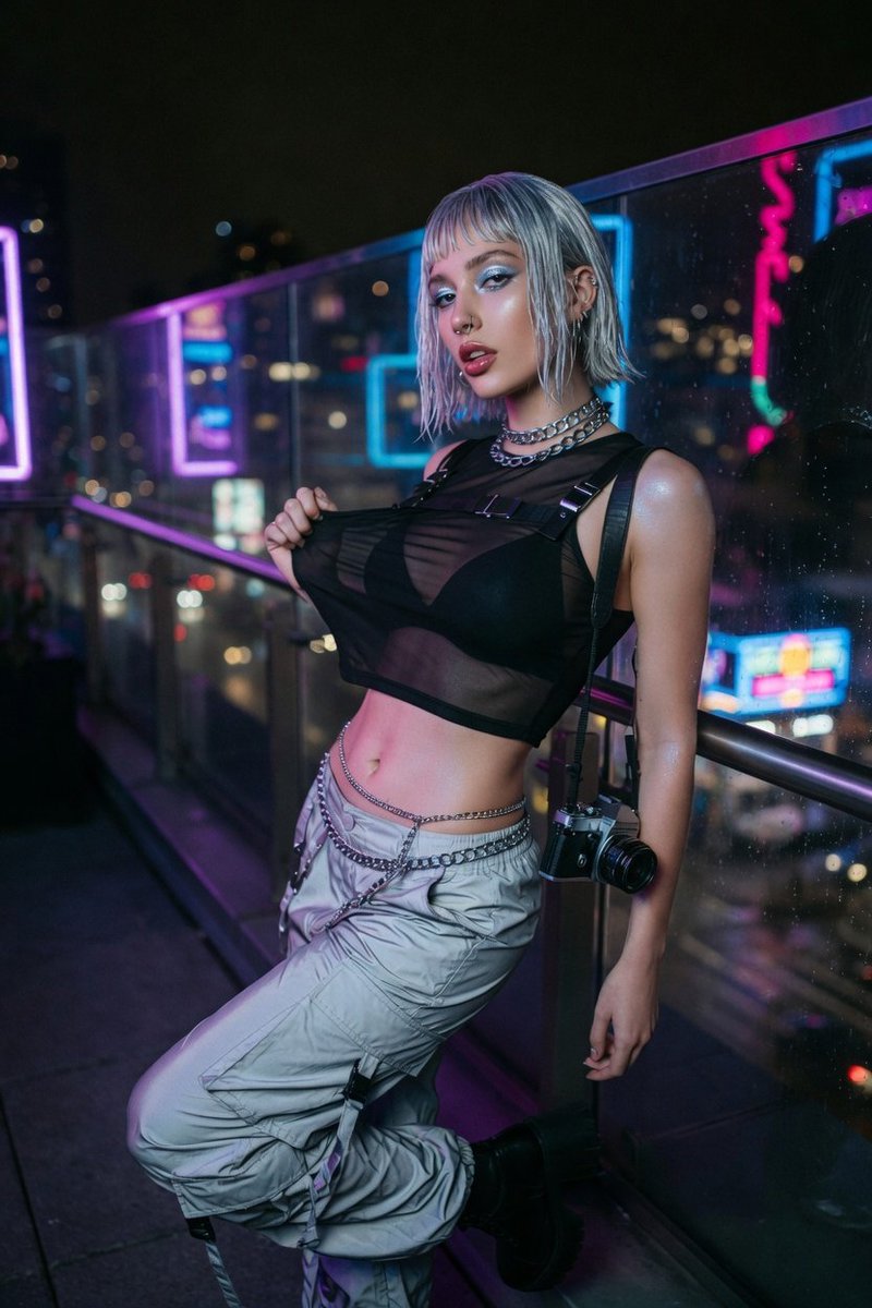 { "主体": { "描述": "年轻女子在高科技城市环境中摆姿势，回头望向镜头。", "镜像规则": "不适用", "年龄": "20岁出头", "表情"…