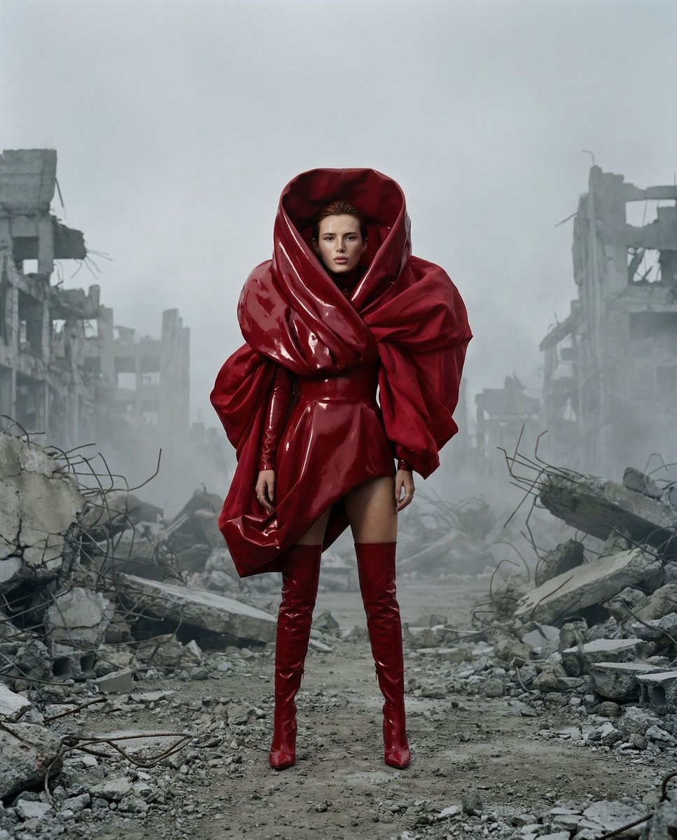 { "vibe_title_en": "Crimson Tranquility Rising in the Ash-Choked Ruin", "master_prompt"…