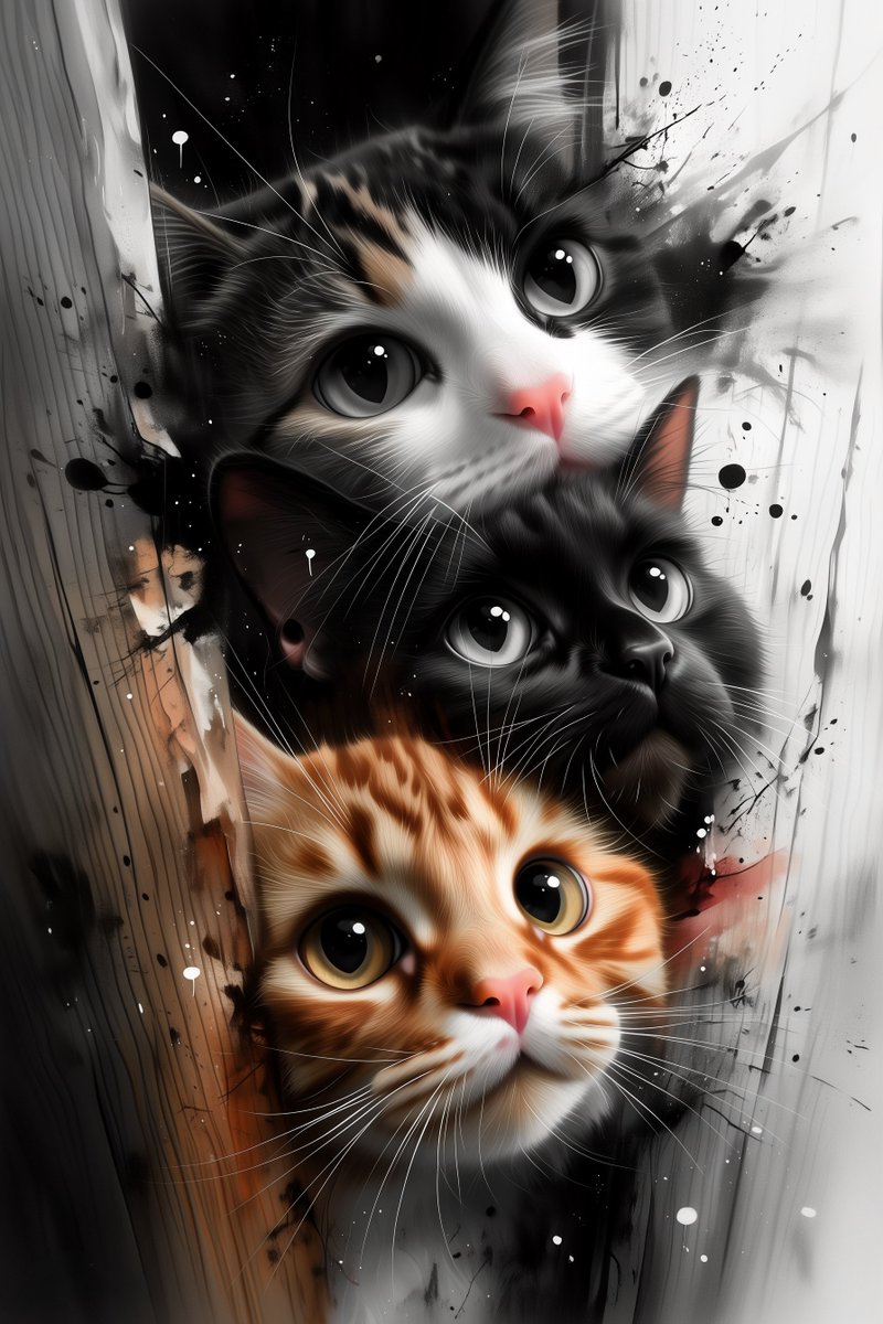 一群猫紧紧叠在一起,从狭窄的木缝中探头张望,多张面孔清晰可见(黑猫、姜黄猫、虎斑猫),眼神富于表现力,构图亲密,朝向观者,毛发刻画极为精细,整体为暗黑单色水墨插画风格,仅使用黑白…