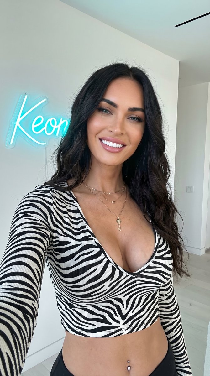 { "prompt": "美丽的Megan Fox,留着深色波浪长发,小麦色肌肤,绽放明亮真诚的笑容露出完美洁白的牙齿,在一间明亮的现代房间里自拍,身穿一件紧身斑马纹罗纹长袖短款…