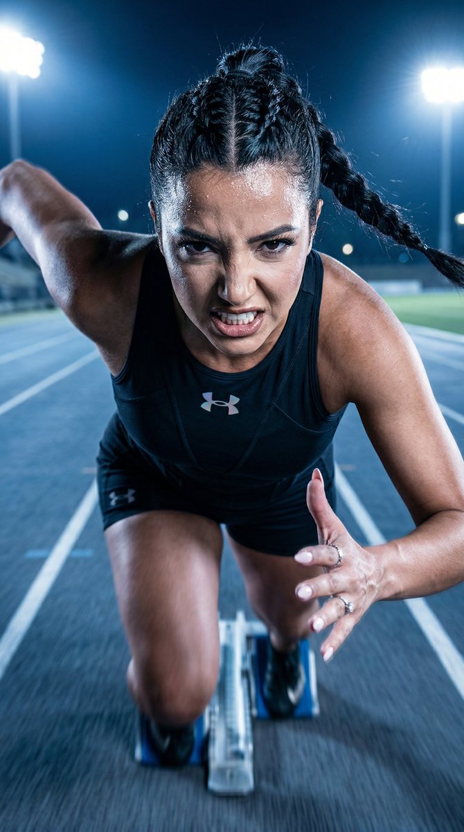 Under Armour 运动表现主题广告大片。相机:Nikon Z9,70mm f2,戏剧化高角度镜头,随后切换至极近景合成画面。色彩调性:电光蓝、哑光黑、金属银。一位女性从田…