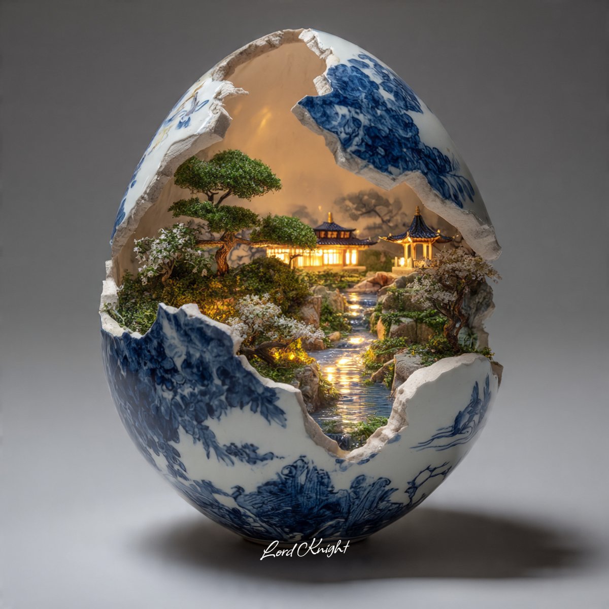 高度精细的陶瓷雕塑场景:一个破裂的瓷质球体静置在素雅的中性表面上,破开的开口露出内部生动的微型世界——郁郁葱葱的绿植、潺潺流水与柔和的光辉——光泽与哑光质感交织,表面纹理细腻微妙…