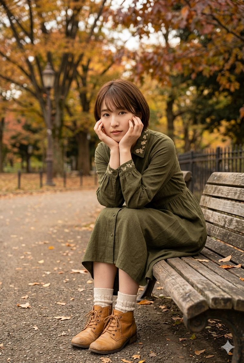 一张全身、垂直的电影感肖像照，照片中的年轻女子面容柔和、表情细腻，留着一头棕色短发，若有所思地坐在一张饱经风霜的木质公园长椅上。她双手托着下巴，呈现出经典的沉思姿态。她身穿一件橄…