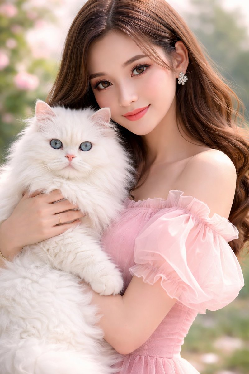 一张柔和的特写人像摄影作品，画面中一位年轻女子身穿淡粉色连衣裙，搭配精致轻盈的泡泡袖，温柔地怀抱着一只蓬松的白色波斯猫。她有着长而柔顺的发型、自然透亮的妆容，以及温暖宁静的表情…
