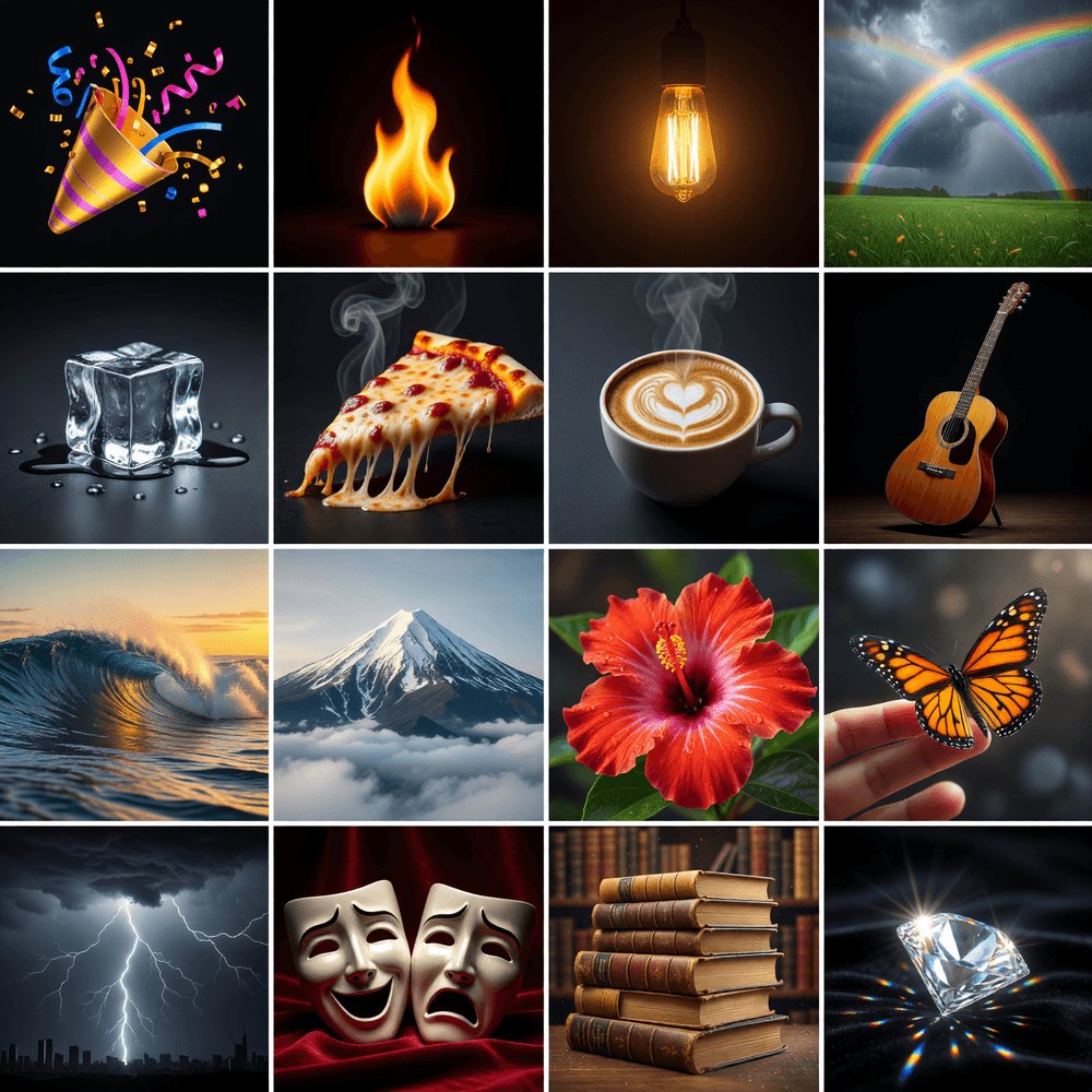 Grok Imagine Image Pro 提示词分享。 𝗘𝗺𝗼𝗷𝗶 𝗶𝗻 𝗥𝗲𝗮𝗹 𝗟𝗶𝗳𝗲（真实生活中的表情符号） 一个 4×4 网格（16 个面板）…
