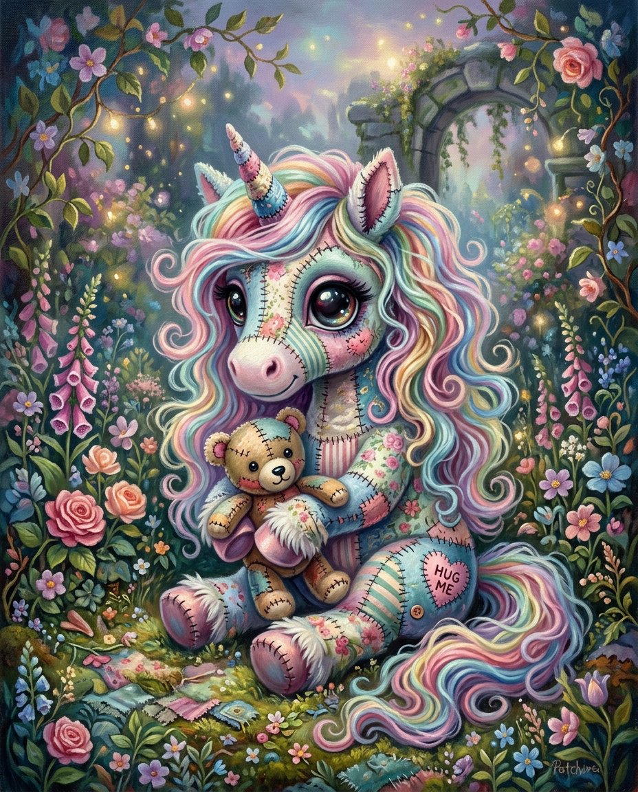 一幅奇思妙想的超现实主义油画插画，画中是一只超级可爱的拼布织物毛绒僵尸{subject}，有着超大而富有表现力的玻璃般眼睛，彩虹色的长卷发以柔和的波浪飘动，轻轻地抱着一只小泰迪熊…