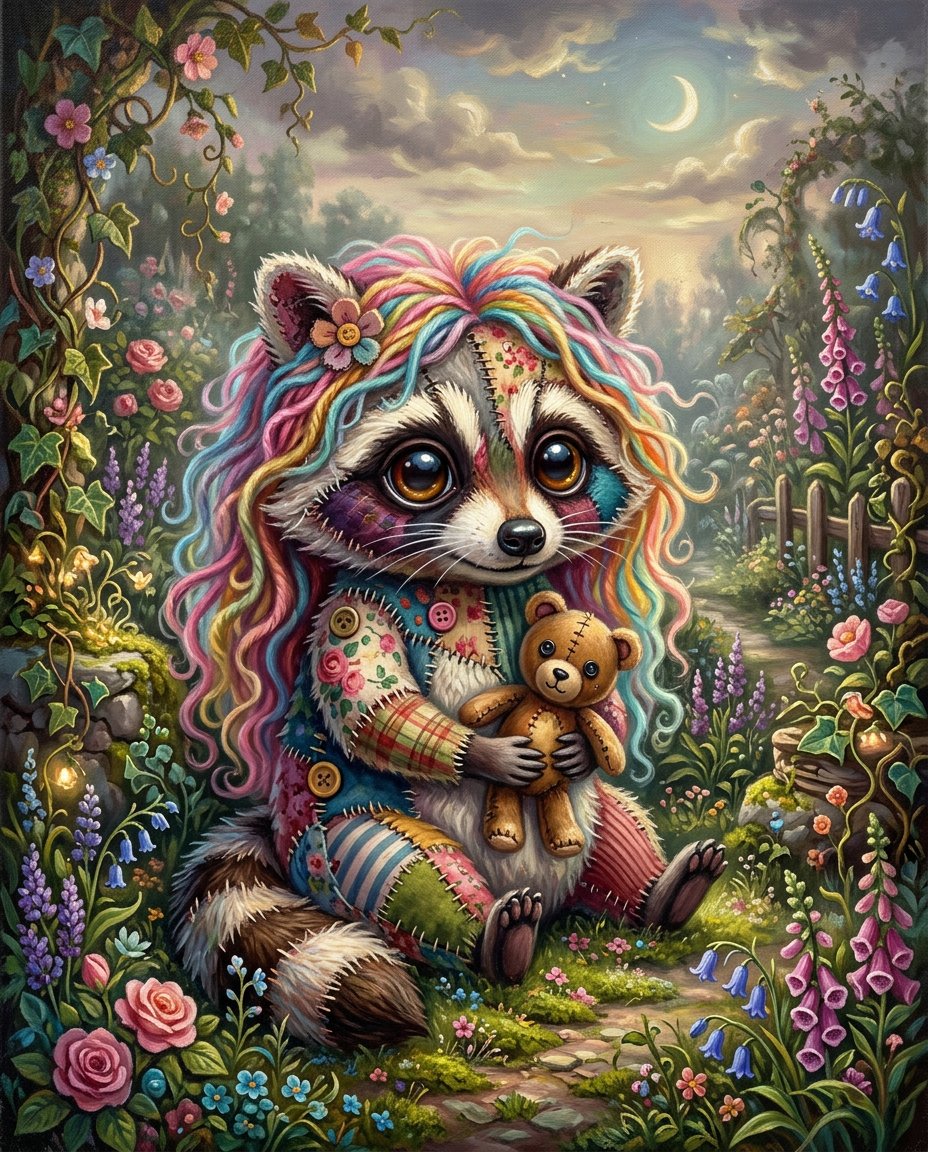 一幅奇思妙想的超现实主义油画插画，画中是一只超级可爱的拼布织物毛绒僵尸{subject}，有着超大而富有表现力的玻璃般眼睛，彩虹色的长卷发以柔和的波浪飘动，轻轻地抱着一只小泰迪熊…