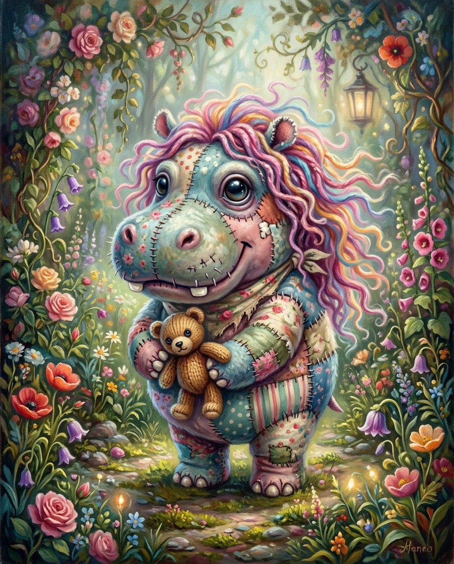 一幅奇思妙想的超现实主义油画插画，画中是一只超级可爱的拼布织物毛绒僵尸{subject}，有着超大而富有表现力的玻璃般眼睛，彩虹色的长卷发以柔和的波浪飘动，轻轻地抱着一只小泰迪熊…
