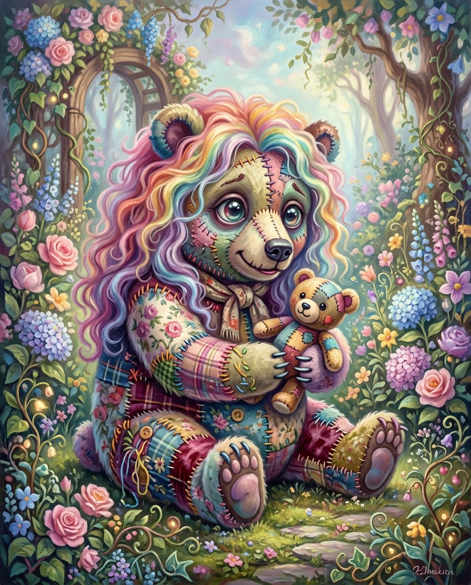 一幅奇思妙想的超现实主义油画插画，画中是一只超级可爱的拼布织物毛绒僵尸{subject}，有着超大而富有表现力的玻璃般眼睛，彩虹色的长卷发以柔和的波浪飘动，轻轻地抱着一只小泰迪熊…