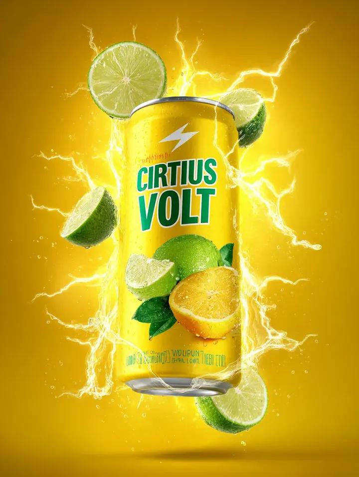 一个金属黄色的易拉罐,标签上写着"Citrus Volt",印有柠檬和青柠的水果图案,周围飞溅着柠檬汁,青柠片在空中飞舞,伴有发光的霓虹黄色火花和闪电。明亮极简的背景,带有强烈聚…