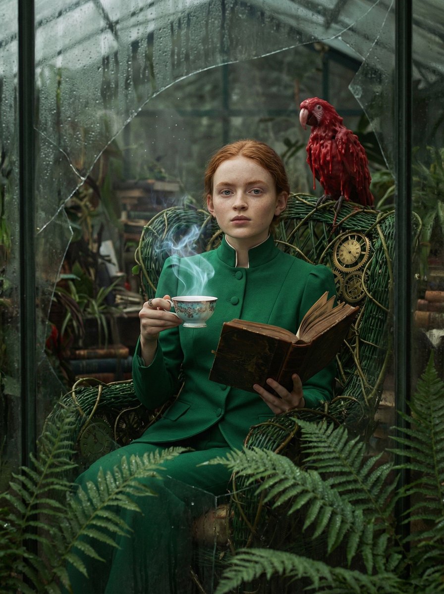{ "vibe_title_en": "Surreal Botanical Archive", "master_prompt": "一张带有窥视感的、超写实的中景照片,主角(Th…