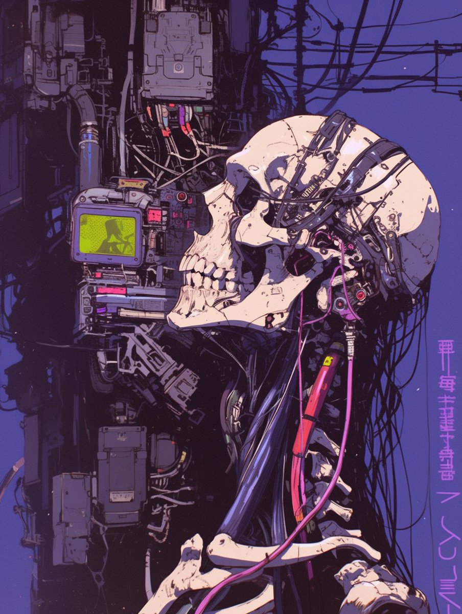 宣传海报设计, 精细风格插画细线艺术, 硬阴影, 专业工作室插画, 细线艺术, 精细插画 最佳质量, 惊艳色彩, 人形赛博格白色骷髅, 精细面部, 张开的嘴, 中景, 精细骷髅骨…