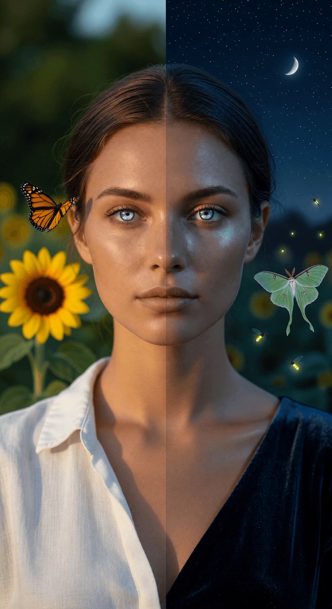 Grok Imagine Image Pro 提示词分享。 昼与夜分割肖像 一张年轻女性的单幅肖像，她脸部的左半部分是明亮、温暖的白昼，右半部分是冷色调、蓝色…