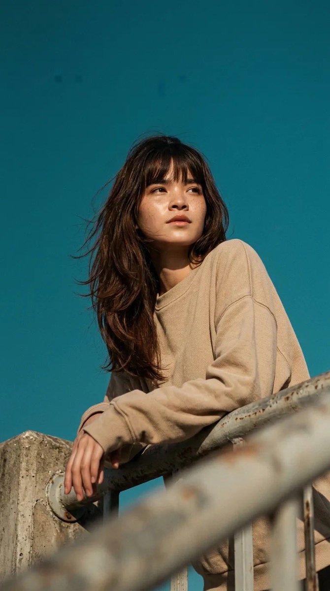 电影感人像照：一位年轻女子倚靠在混凝土栏杆上，身穿宽松米色卫衣，柔和的自然阳光在她脸上投下温暖的色调，背景为清澈的青蓝色天空，淡淡的雀斑，中长深棕色头发配刘海在微风中轻轻飘动，低…