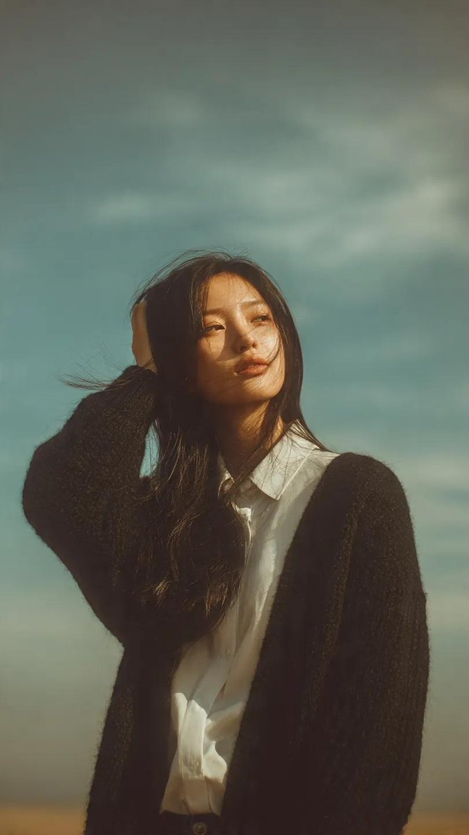 一幅梦幻般的肖像画,一位年轻女子站在户外,头顶是柔和、广袤的蓝天。她那又长又直的黑发在风中轻轻飘扬,脸上带着柔和、怅惘的神情。她身穿一件黑色针织开衫,内搭一件挺括的白衬衫,显得既…