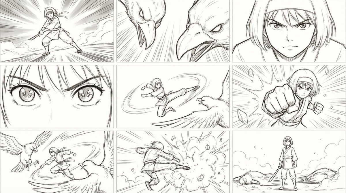 我需要绘制一个动作作画（sakuga）场景，日式少年漫风格的典型战斗：主角少女英雄对抗两只巨鸟。动作流程如下： 1. 大透视镜头，展示主角摆出攻击姿势 2.…