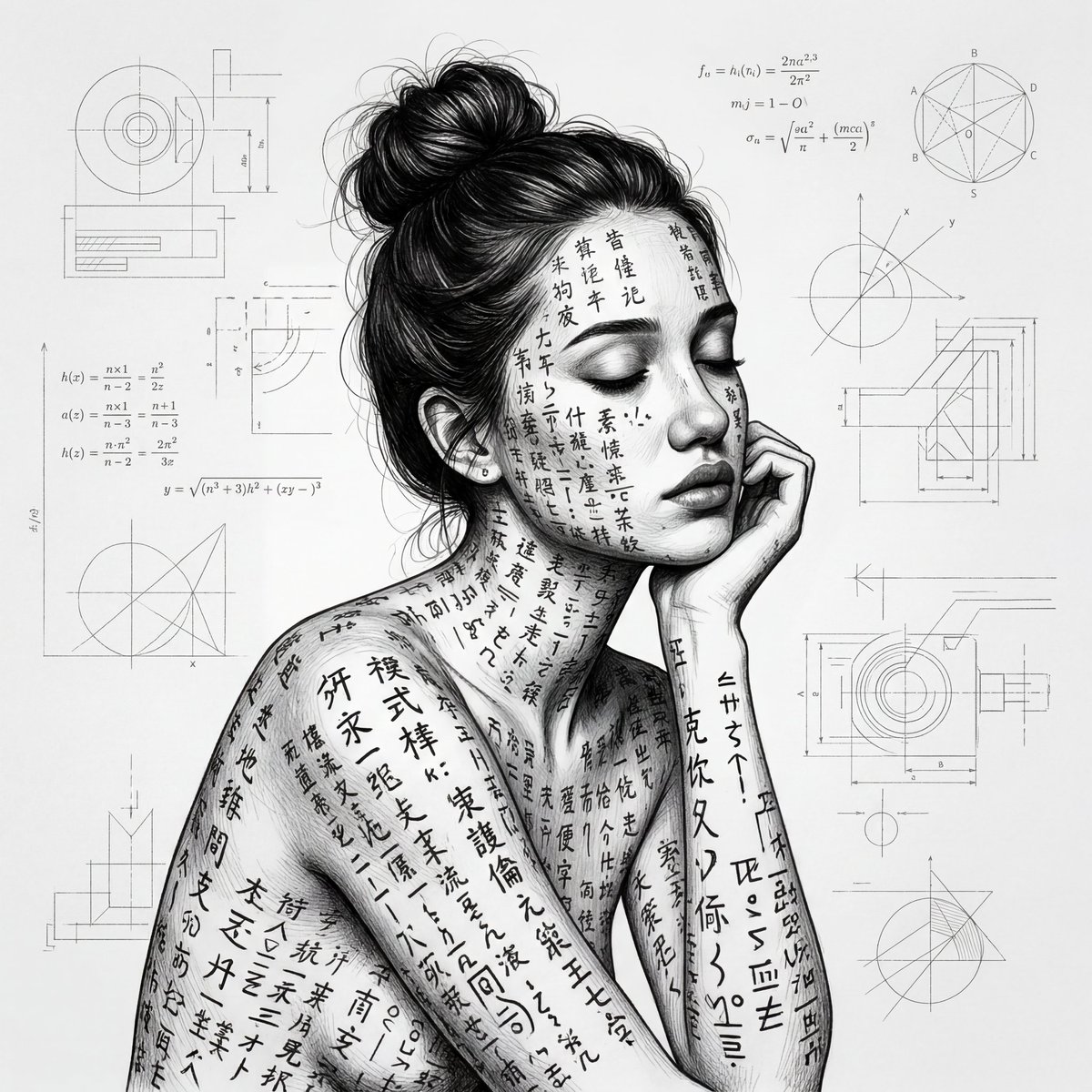 一张超现实主义的年轻女性黑白肖像,她头发扎成凌乱发髻,画面展示腰部以上,她姿态柔和、若有所思。她的整个身体和面部都布满了层层叠叠密密麻麻的手写东亚字符和印刷符号,像有生命的墨水一…
