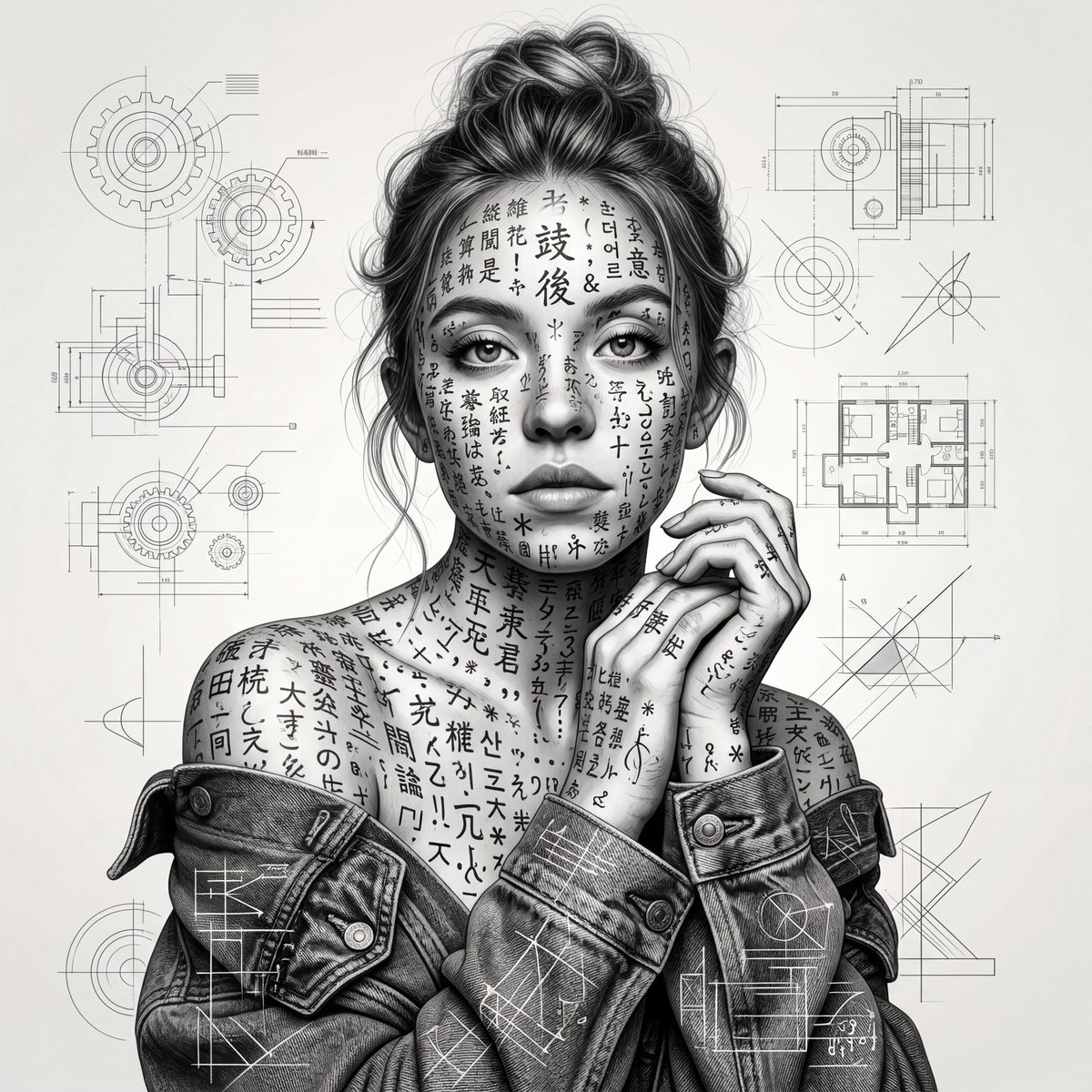 一张超现实主义的年轻女性黑白肖像,她头发扎成凌乱发髻,画面展示腰部以上,她姿态柔和、若有所思。她的整个身体和面部都布满了层层叠叠密密麻麻的手写东亚字符和印刷符号,像有生命的墨水一…