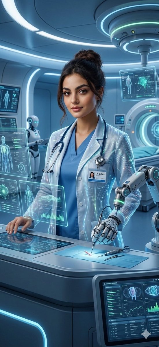 一位自信的女性医生在一家未来主义医院中工作，周围环绕着显示患者数据的全息人工智能屏幕，帮助手术的机器人助手，柔和的蓝色灯光，先进的医疗技术，她脸上富有同情心的…