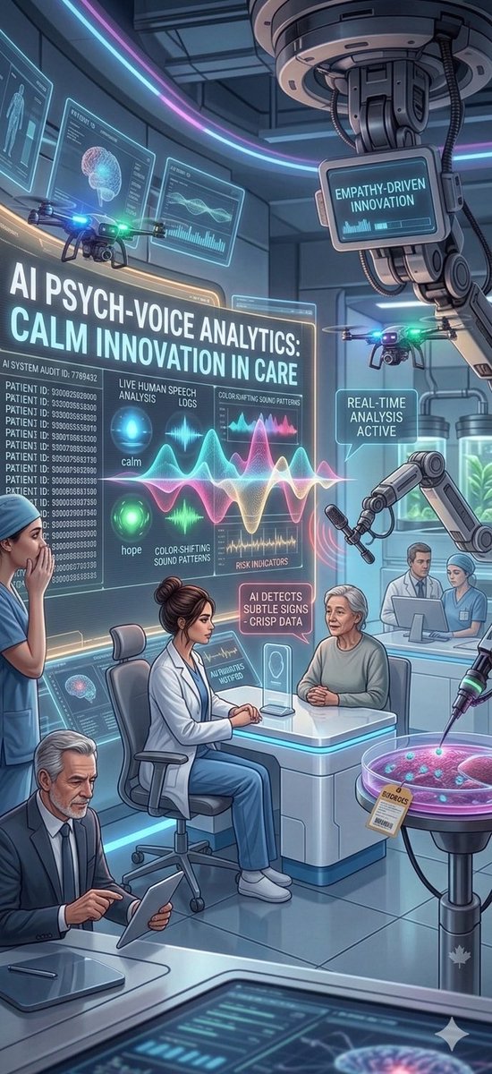 一家未来主义的加拿大心理健康实验室，人工智能系统在此实时分析人类的实时语音，将情绪困扰可视化为发光波形和颜色变化的声音模式。一名冷静的临床医生坐在患者身旁，患…