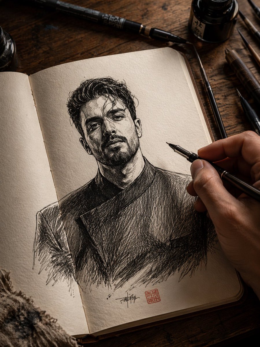 基于上传的参考图像,绘制一幅超精细的手绘钢笔插画,描绘一名男子。面部必须严格符合参考图像(相同的五官结构、发型、胡须细节和表情)。该男子正在一本摊开的小型笔记…
