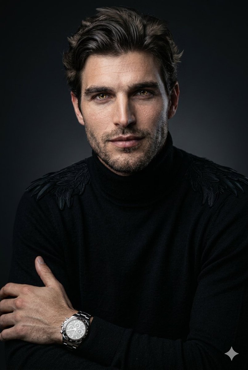 超现实电影感人像,基于参考面部,灵感源自猎鹰,下颌线条锋利,眼神锐利专注、带有微妙的金色猎鹰光芒,鼻梁略微拉长、形似喙部结构但仍保留人类特征,深色造型发型融合自然的羽毛质感,搭配…