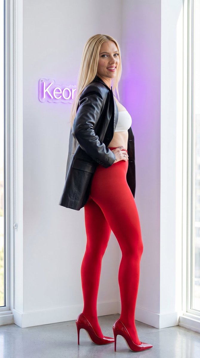 美丽深色长发棕发女性的垂直全身照,长直发,身穿敞开的红色皮夹克、红色抹胸上衣、黄色紧身裤和黄色亮面高跟鞋,一手叉腰回头回望,背后的墙上有一个发出霓虹紫光的小型"Keor"标志,窗…