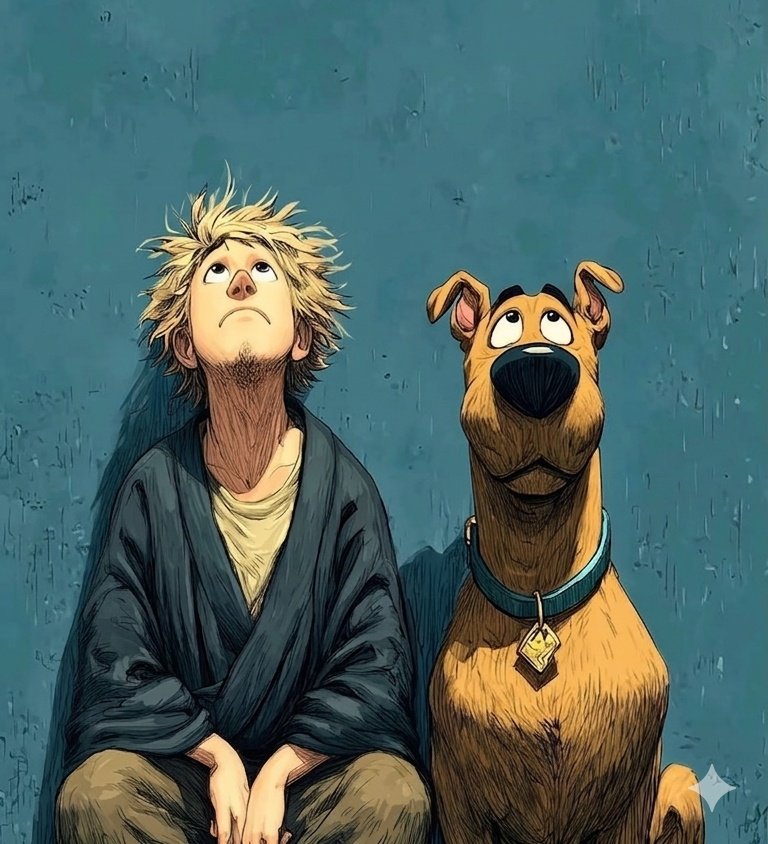 根据 image_0.png 重新创作这幅数字艺术肖像,画中描绘了一个年轻、邋遢的沙吉(Shaggy),他有一头狂野、蓬乱的金色尖发,下巴有胡茬,身穿深绿色开襟夹克,内搭浅奶油色…