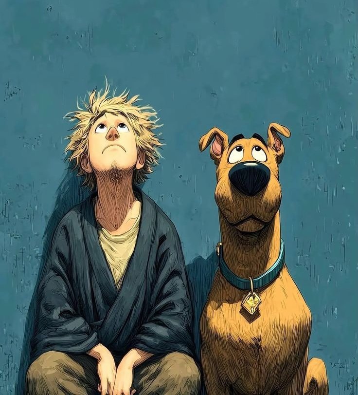 根据 image_0.png 重新创作这幅数字艺术肖像,画中描绘了一个年轻、邋遢的沙吉(Shaggy),他有一头狂野、蓬乱的金色尖发,下巴有胡茬,身穿深绿色开襟夹克,内搭浅奶油色…
