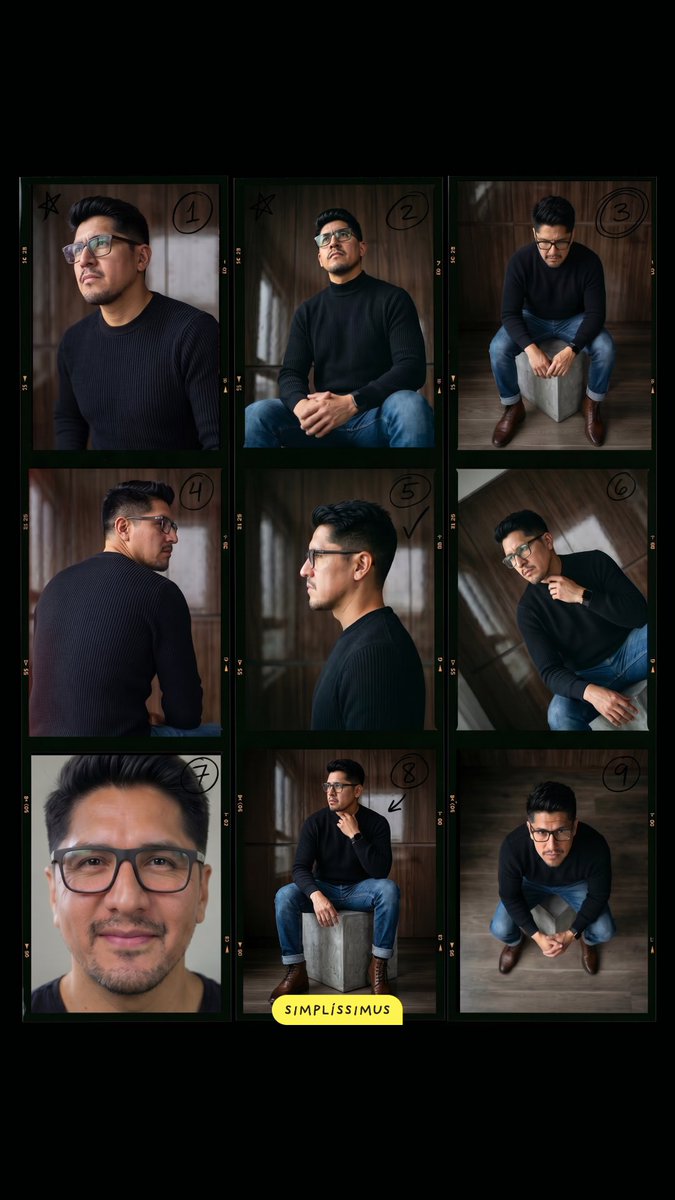 “创建一个高端电影感 3x3 接触印样（contact sheet）图像，设计成像高端时尚摄影的样片册。画面构图为一个 3×3 网格的电影接触印样，带有黑色边框和帧编号，印在带有…