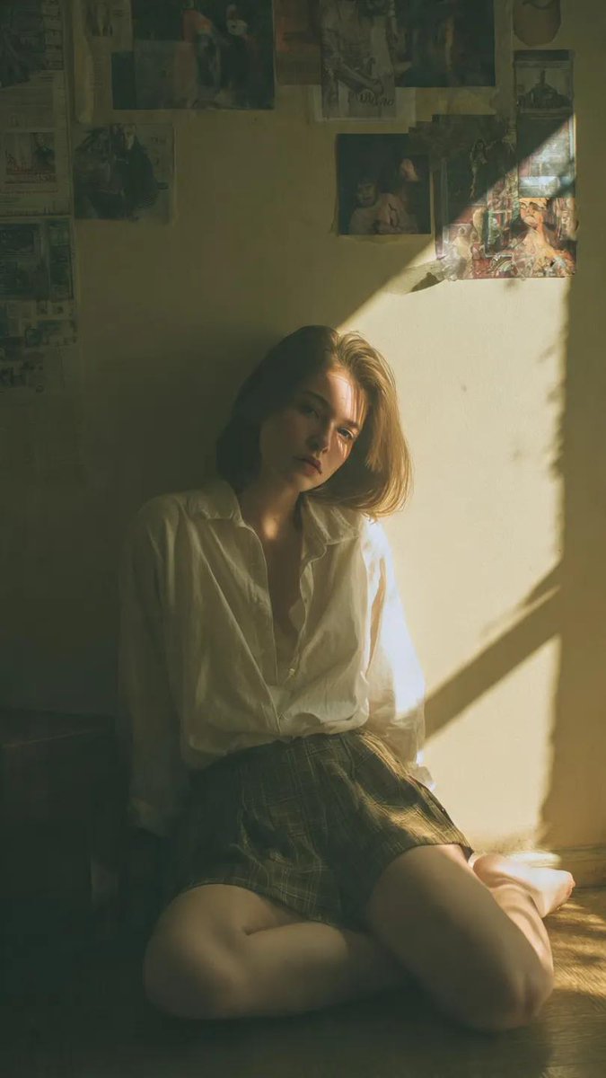 电影感肖像：一位年轻女性坐在一间小型复古房间的地板上，轻轻倚靠着墙壁，神情放松而内敛，柔和地望向镜头，身穿宽松的白衬衫和格纹裙，自然地盘腿而坐，房间里凌乱地贴满海报、纸张，墙上挂…