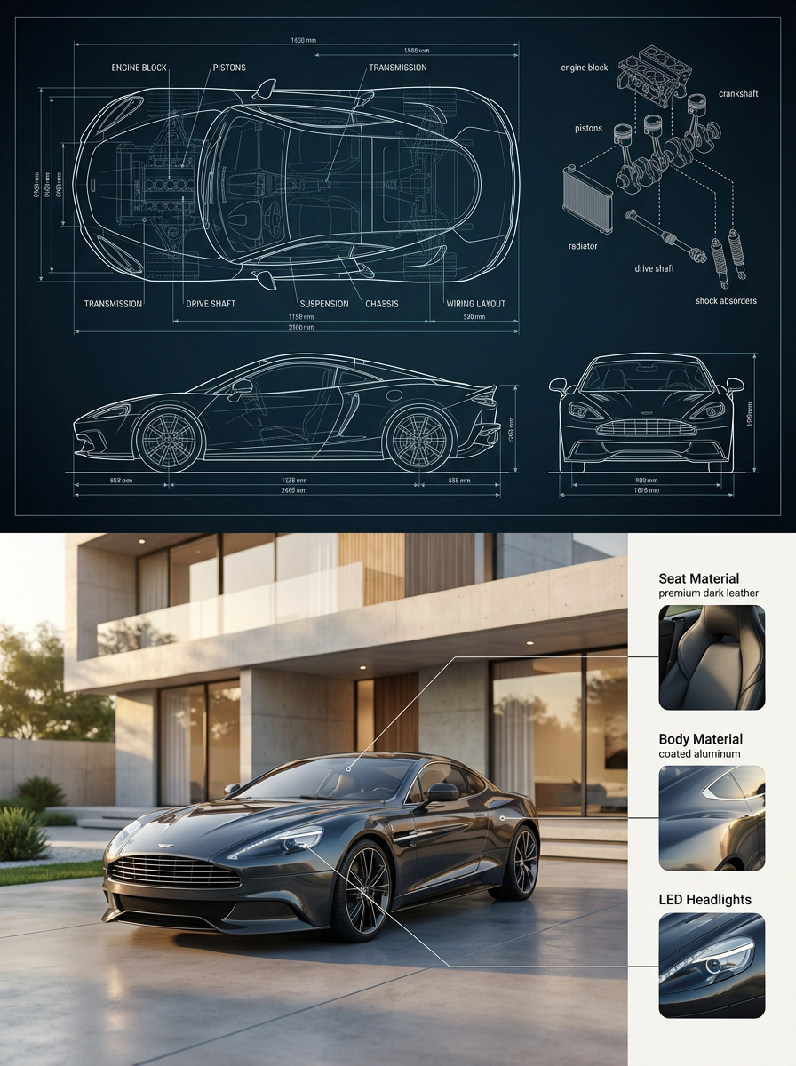 { "objective": "Create a premium split composition showing a detailed automotiv…