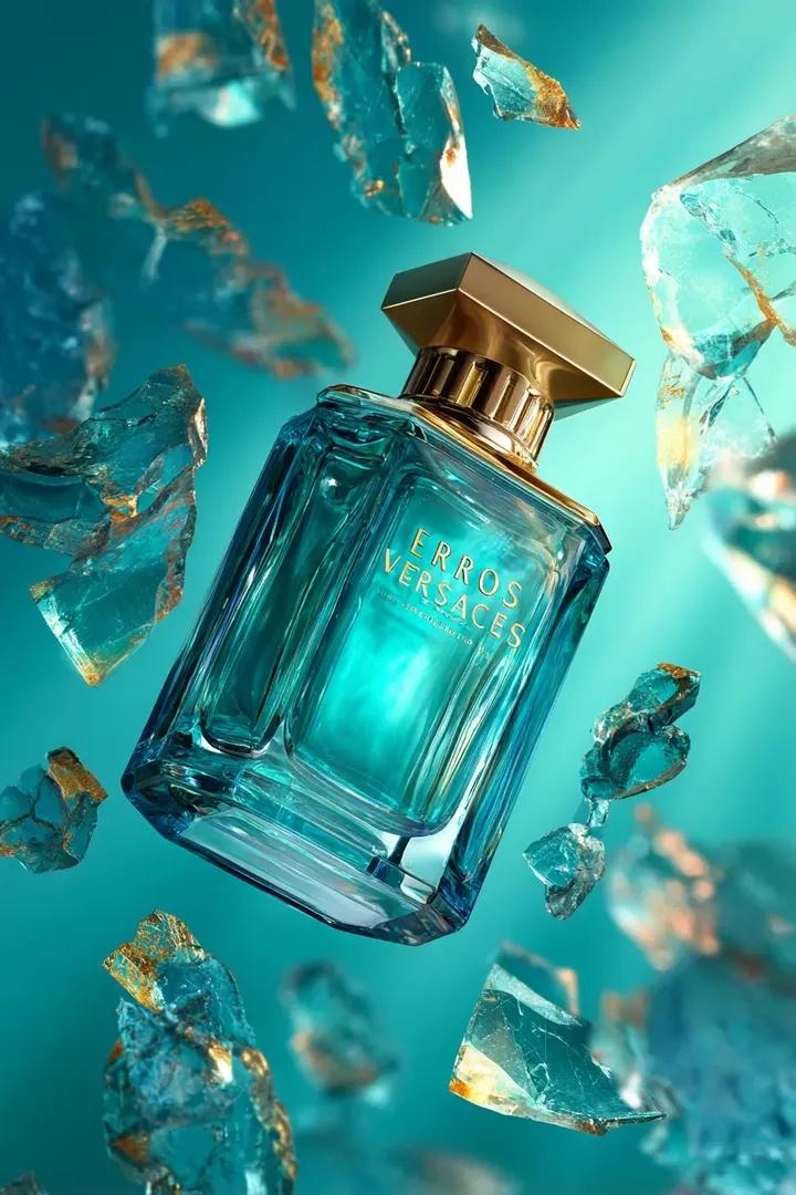 一瓶范思哲爱神（Versace Eros）香水瓶悬浮于半空之中，周围环绕着闪烁的青蓝色玻璃碎片，碎片边缘泛着金色反光，在干净的渐变白色背景上点缀着深绿松石色光影，营造出大胆的电影…