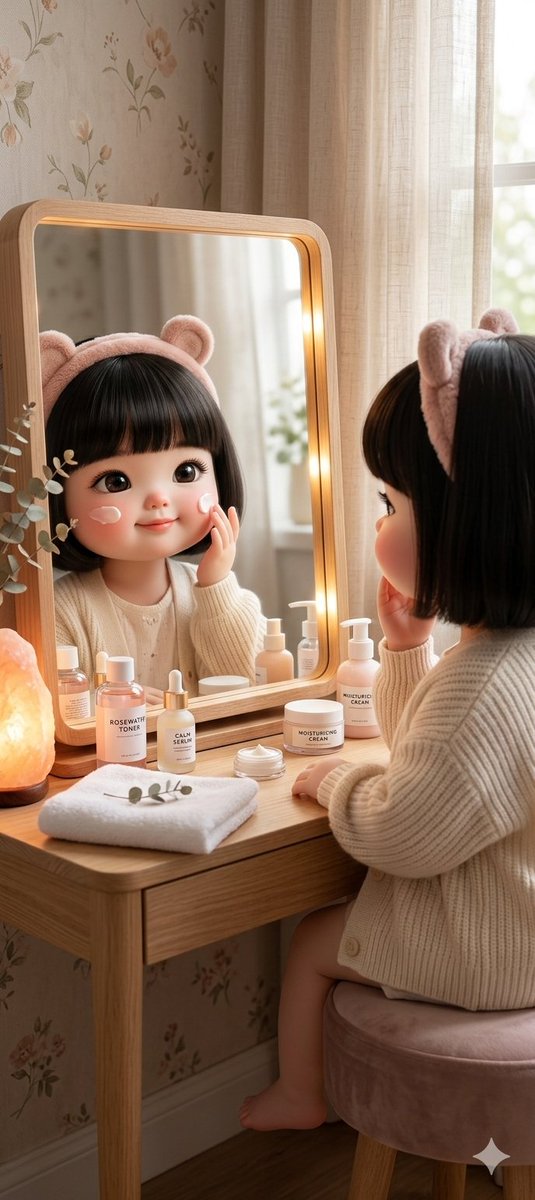 场景": { "描述": "一个柔和温馨的场景,一个小女孩在镜子前进行护肤流程", "环境": "整洁的梳妆台,上面摆放着小瓶护肤品,自然的室内场景", "光线": "温暖柔和的…
