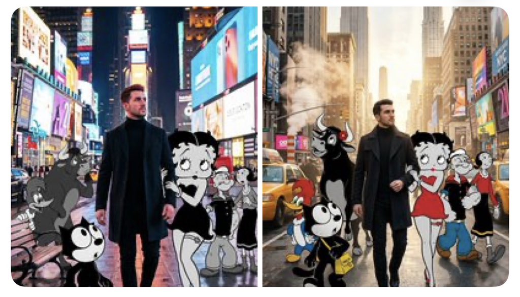 一张超现实、电影感十足的摄影作品，画面中我正穿行于纽约市。身侧是黑白呈现的角色： 菲利克斯猫；在另一侧，贝蒂娃娃挽着我的手臂； 我们身后是——啄木鸟伍迪、 费…