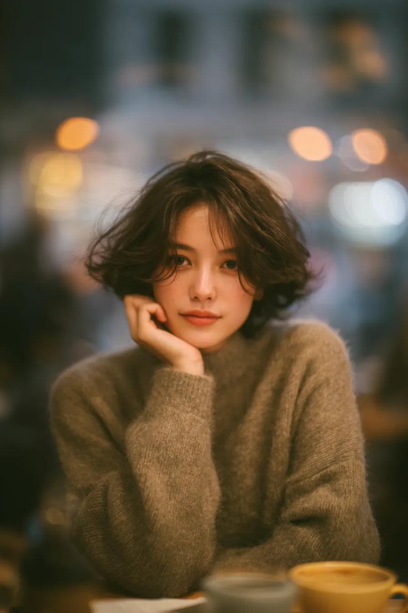 一张柔和的电影感人像照：一位年轻女子坐在一家温馨的咖啡馆里，轻轻将下巴搁在手上，以平静而略带梦幻的神情直视镜头。她留着略带凌乱的短卷发，身穿一件温暖的宽松棕色针织毛衣。背景经过柔…